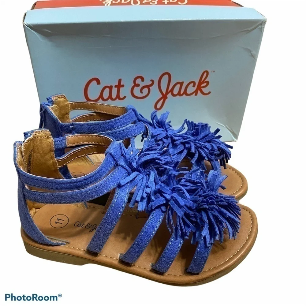 Cat & Jack Peggy Fringe Sandals Kids Sz 11 Blue